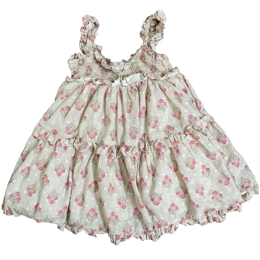 Happily Grey Girls Dress 3T Floral Ruffle Sleeveless Tiered Cotton‎ Beige Pink